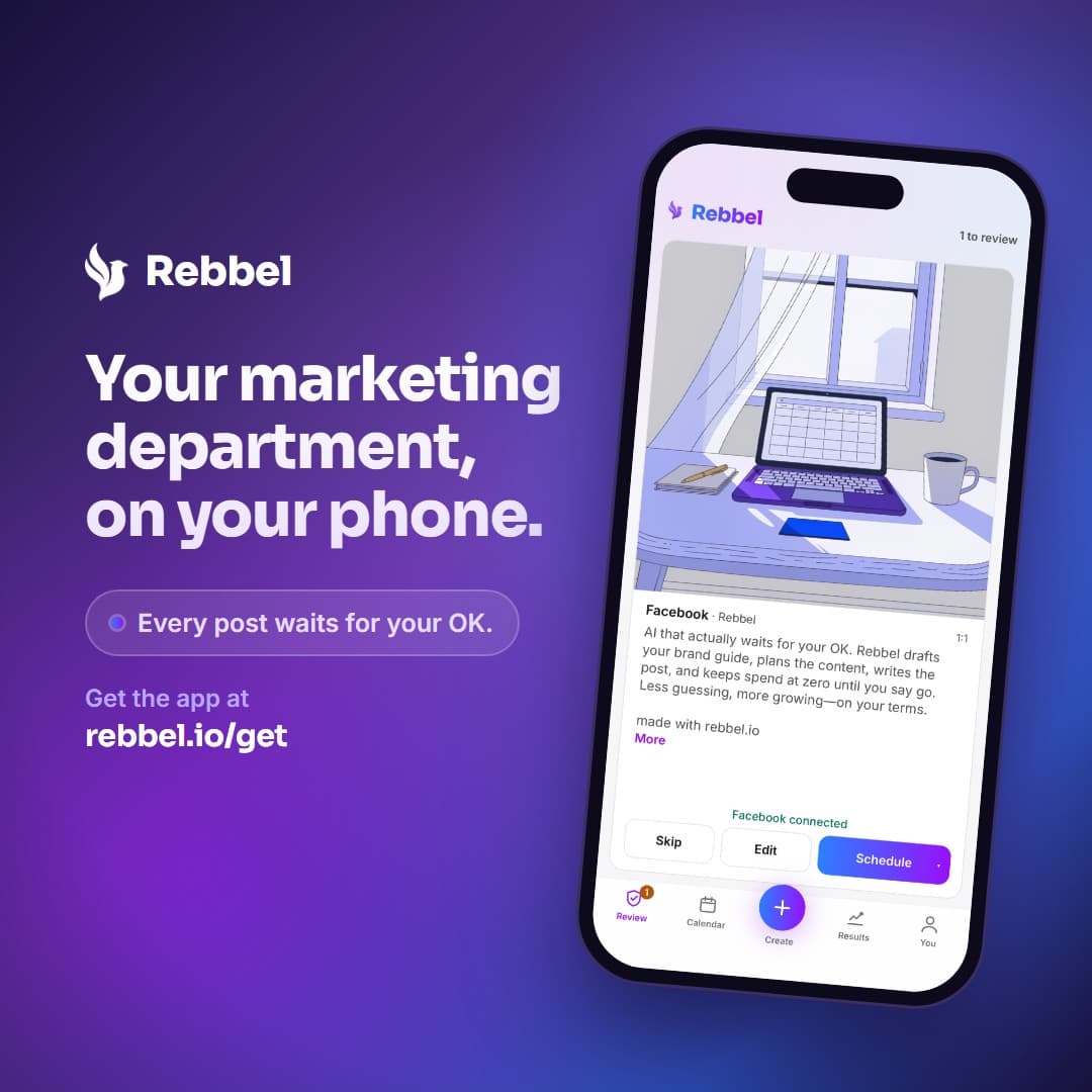 Your marketing department, on your phone. The Rebbel app showing a post ready to schedule.