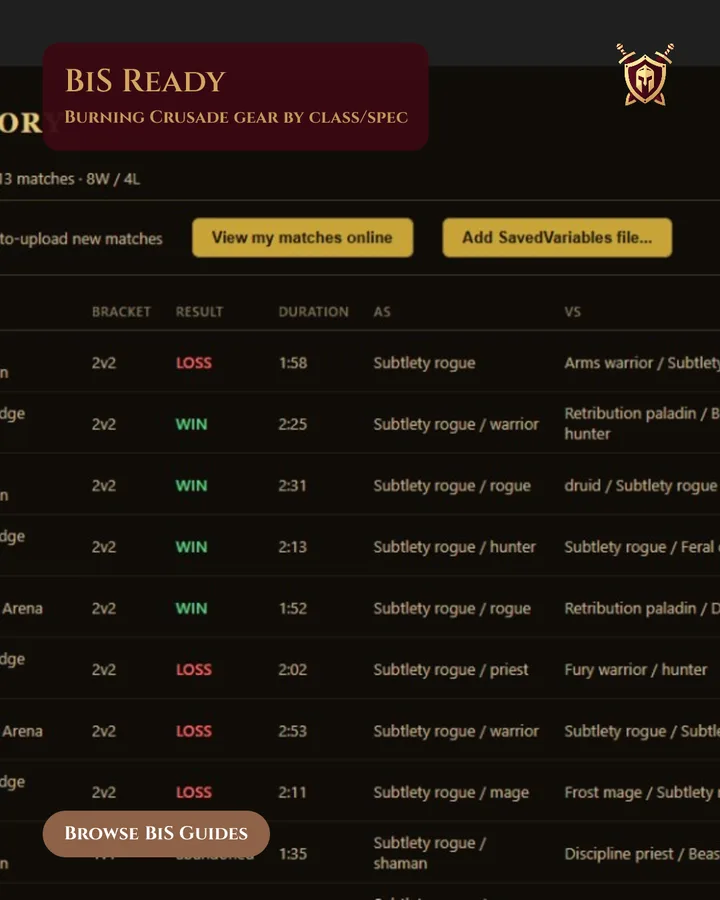 Arena Armory Instagram post — in-app arena match history table with the headline BiS Ready