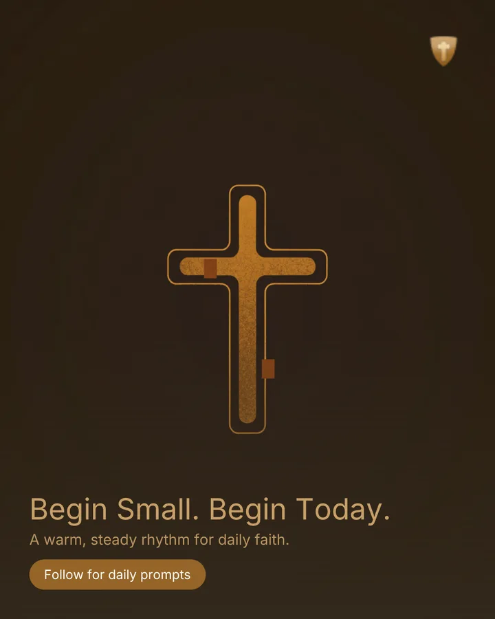 Faithmaxx Instagram post — flat gold cross illustration on a dark brown background with the headline Begin Small. Begin Today.