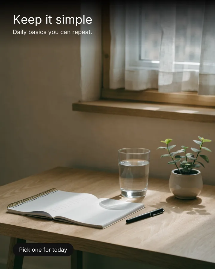 Sobermaxx Facebook post — sunlit desk with an open notebook, a glass of water, and a small plant, headline Keep it simple